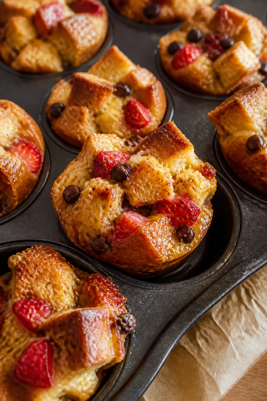 French toast casserole cups with browned tops in muffin tin