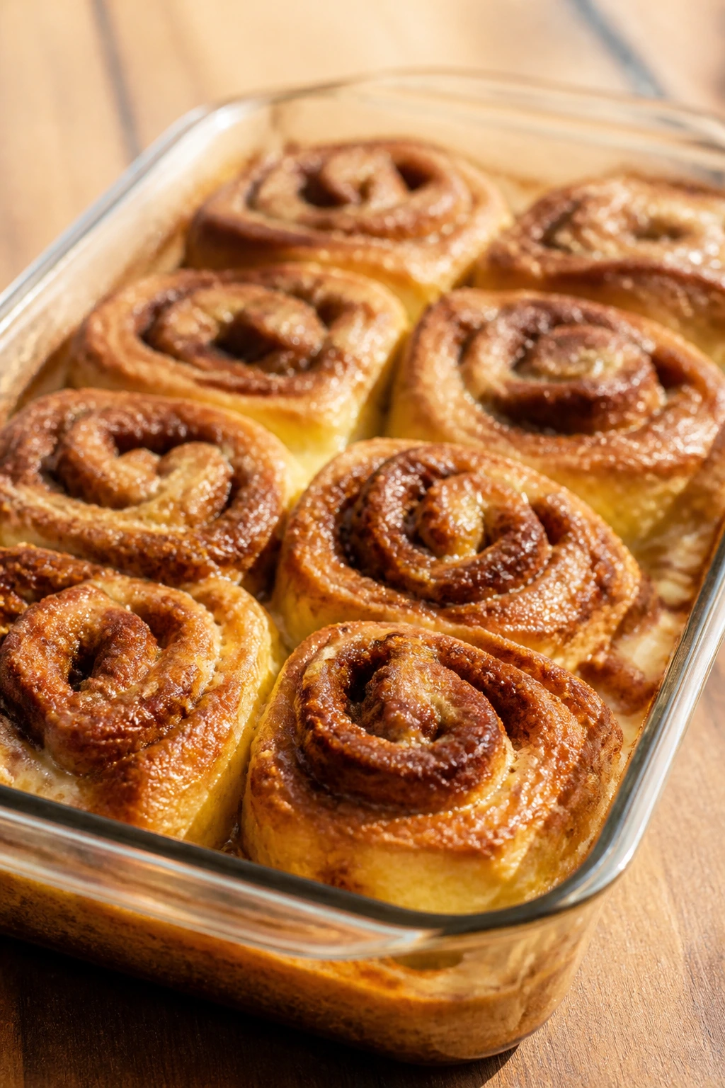 Close-up of cinnamon roll baked French toast slices