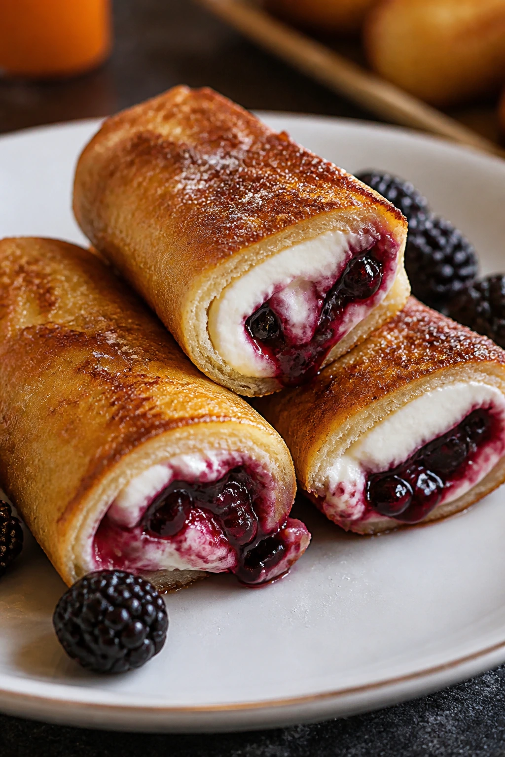 Close-up of blackberry cream cheese French toast roll-ups on plate