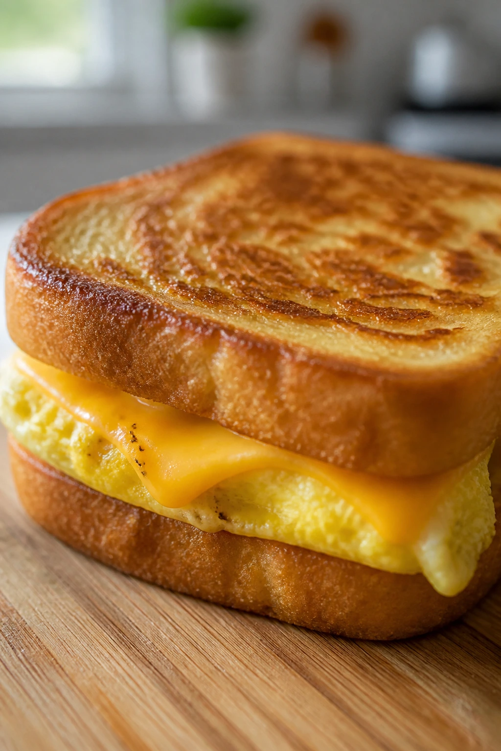 Close-up of a toasted egg and cheese French toast sandwich on a cutting board