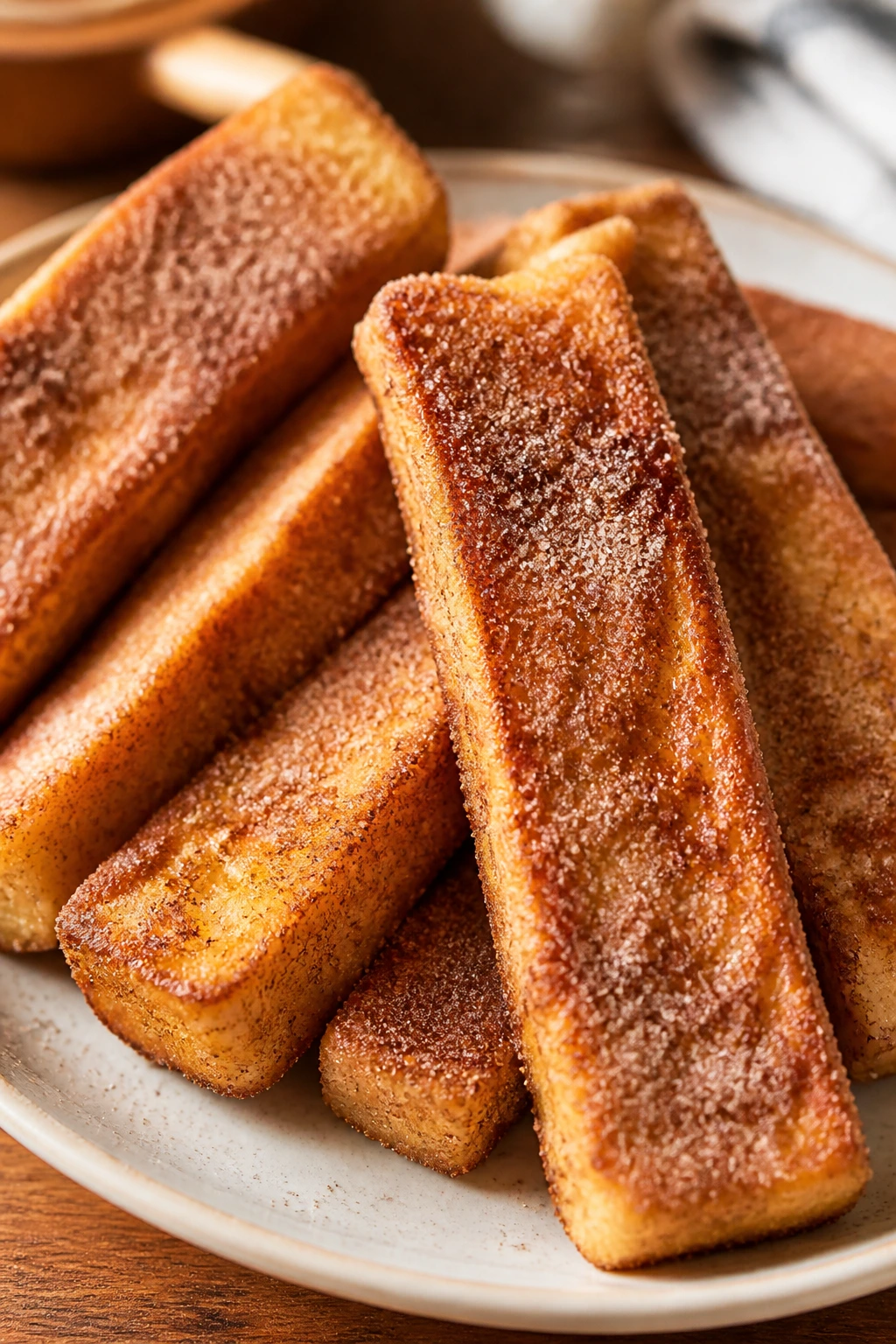 Close-up of cinnamon French toast sticks on a plate