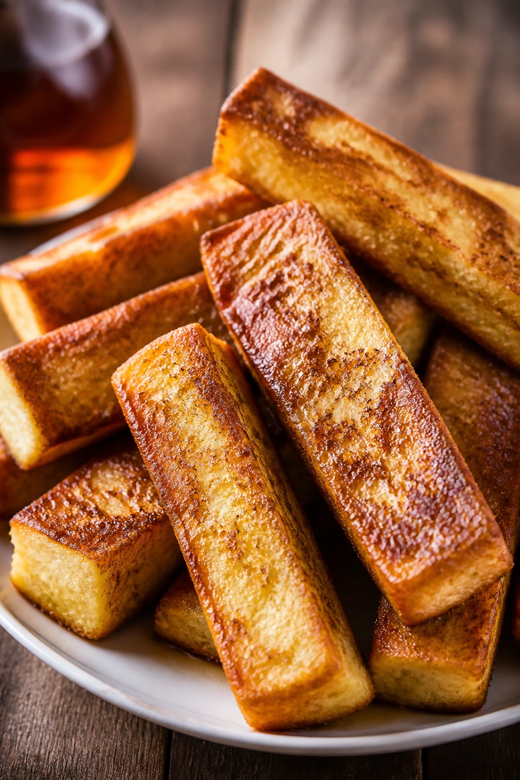 Plate of French toast sticks stacked neatly, golden and crisp