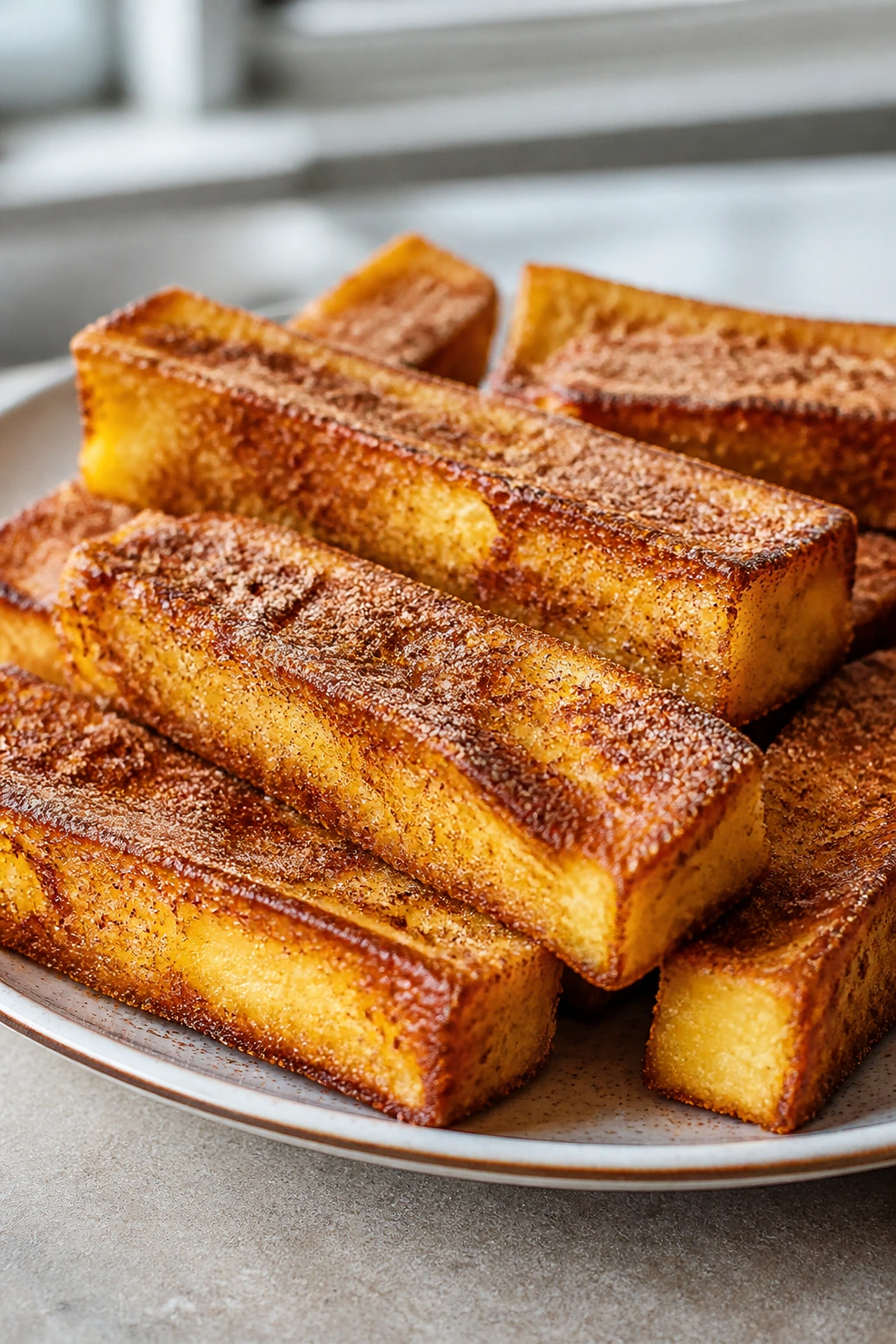 Close-up of oven-baked French toast sticks on plate