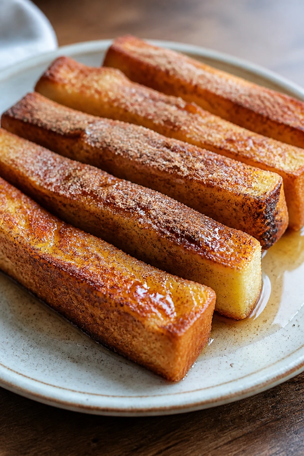 Stack of french toast sticks on plate with cinnamon