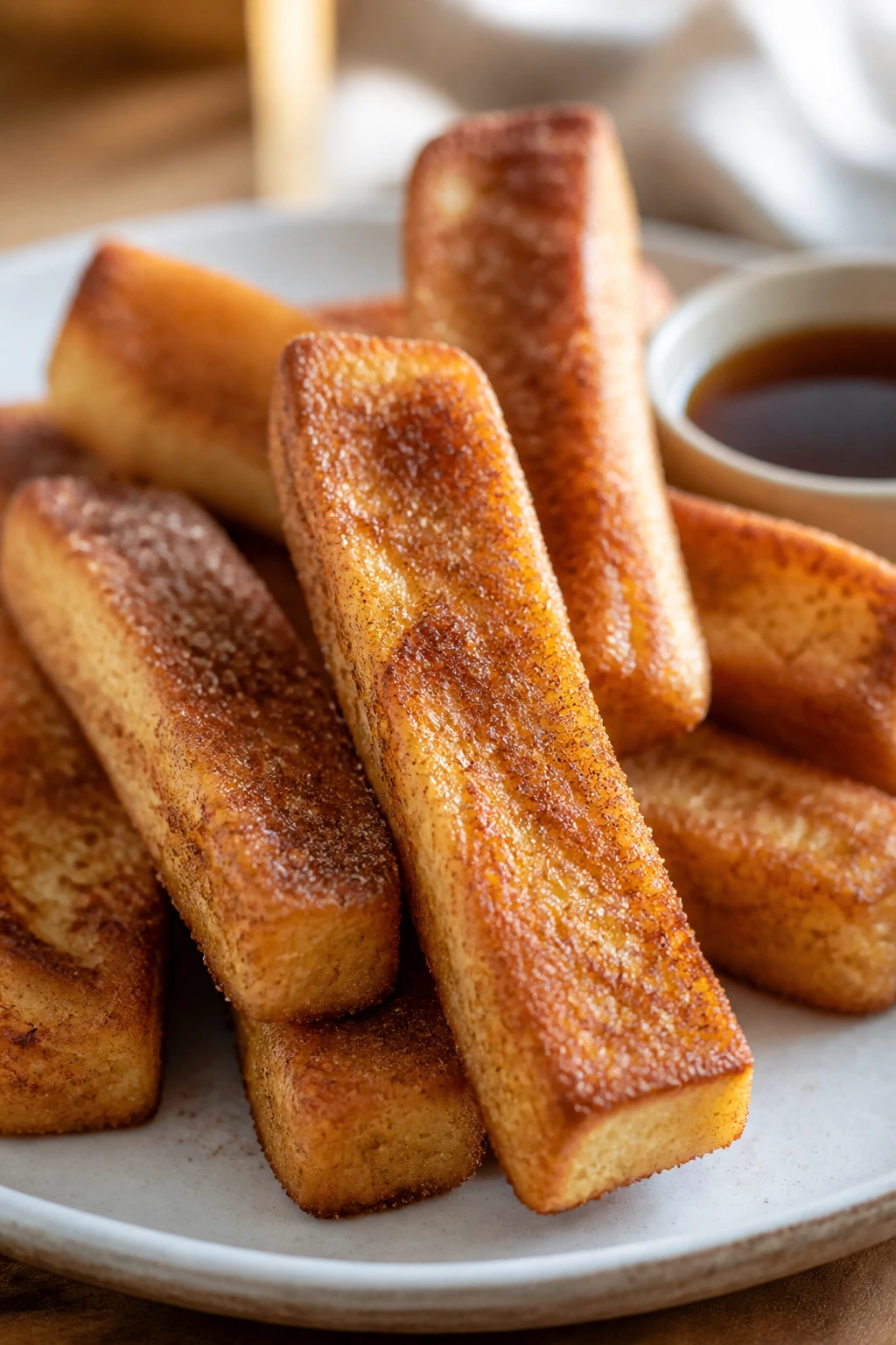Cinnamon French toast sticks with syrup on the side.