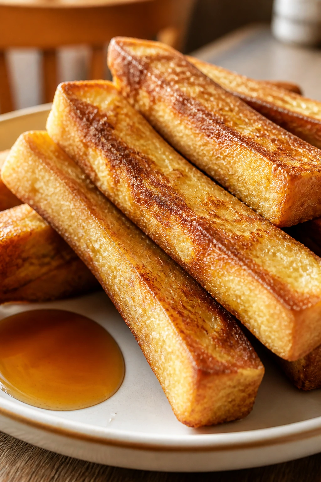 Close-up of bronzed French toast sticks with syrup in a warm breakfast setting