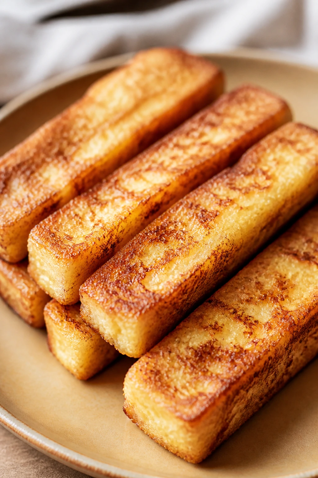 Golden french toast sticks on a plate ready to dip