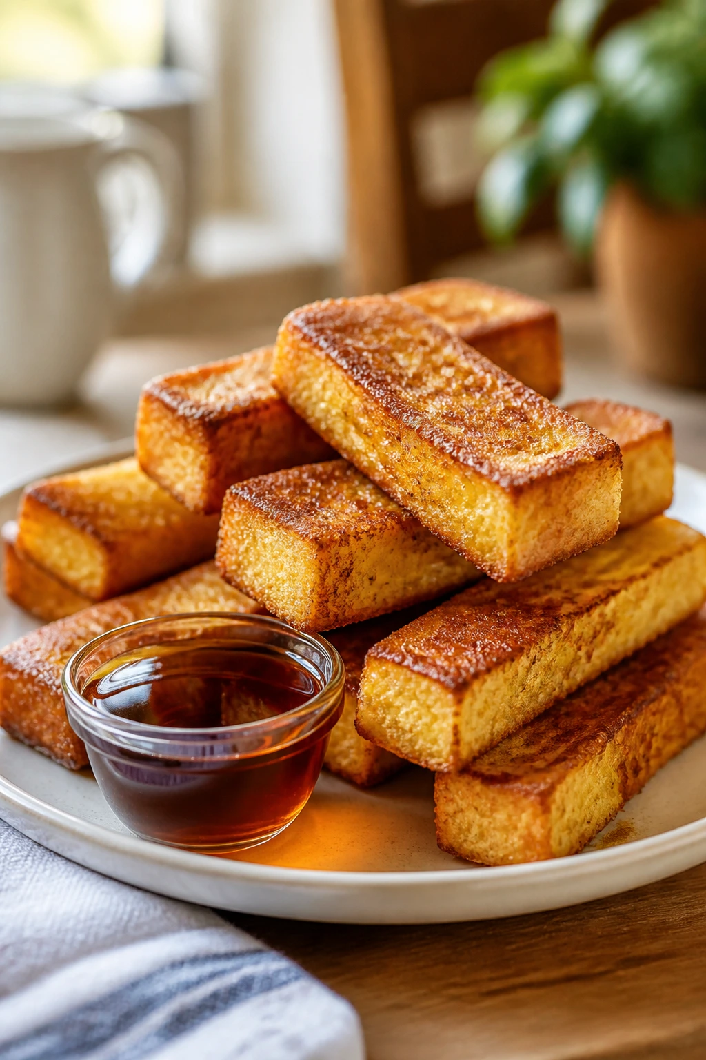 Close-up of French toast sticks with maple dip on plate