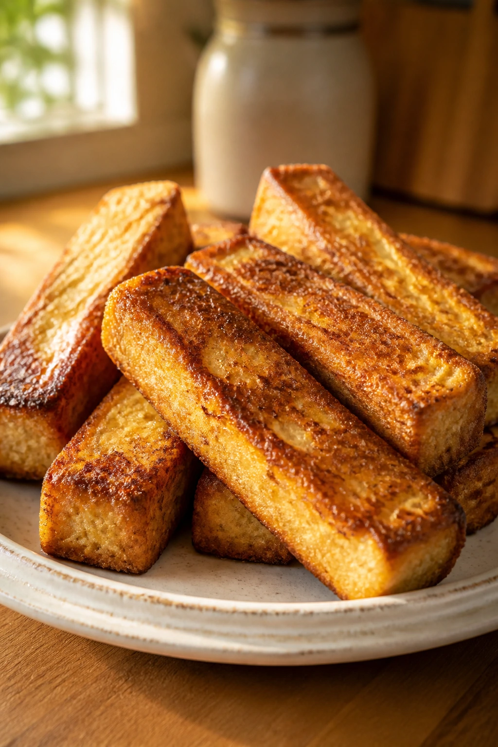 Close-up of golden French toast sticks on a rustic plate in a warm kitchen