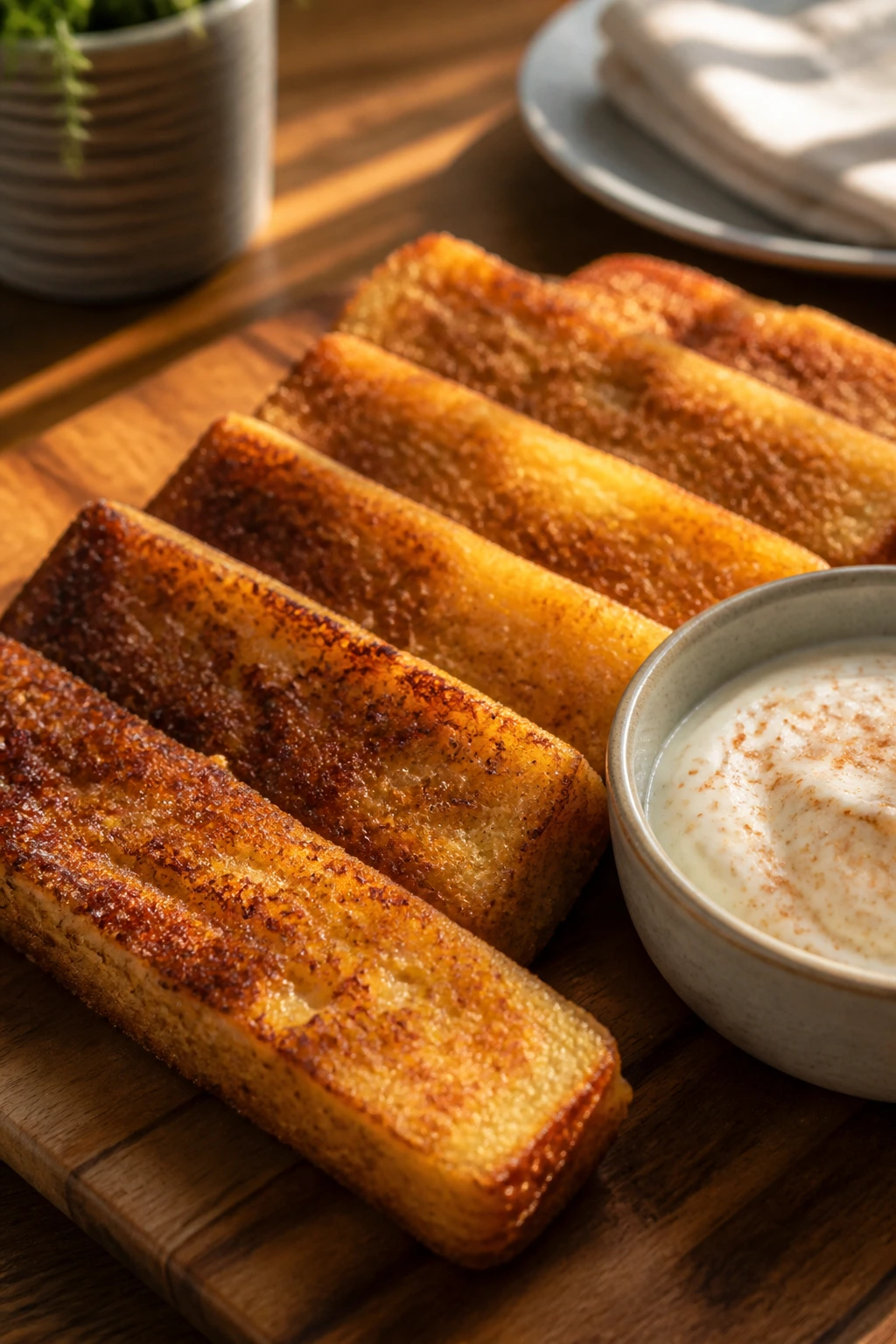 Close-up of French toast sticks with yogurt dip on a wooden board