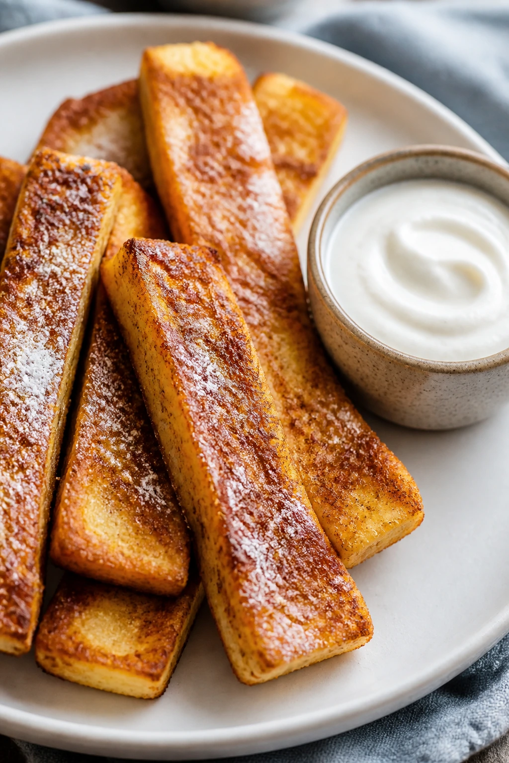 Plate of French toast sticks with yogurt dip in a bright breakfast setting