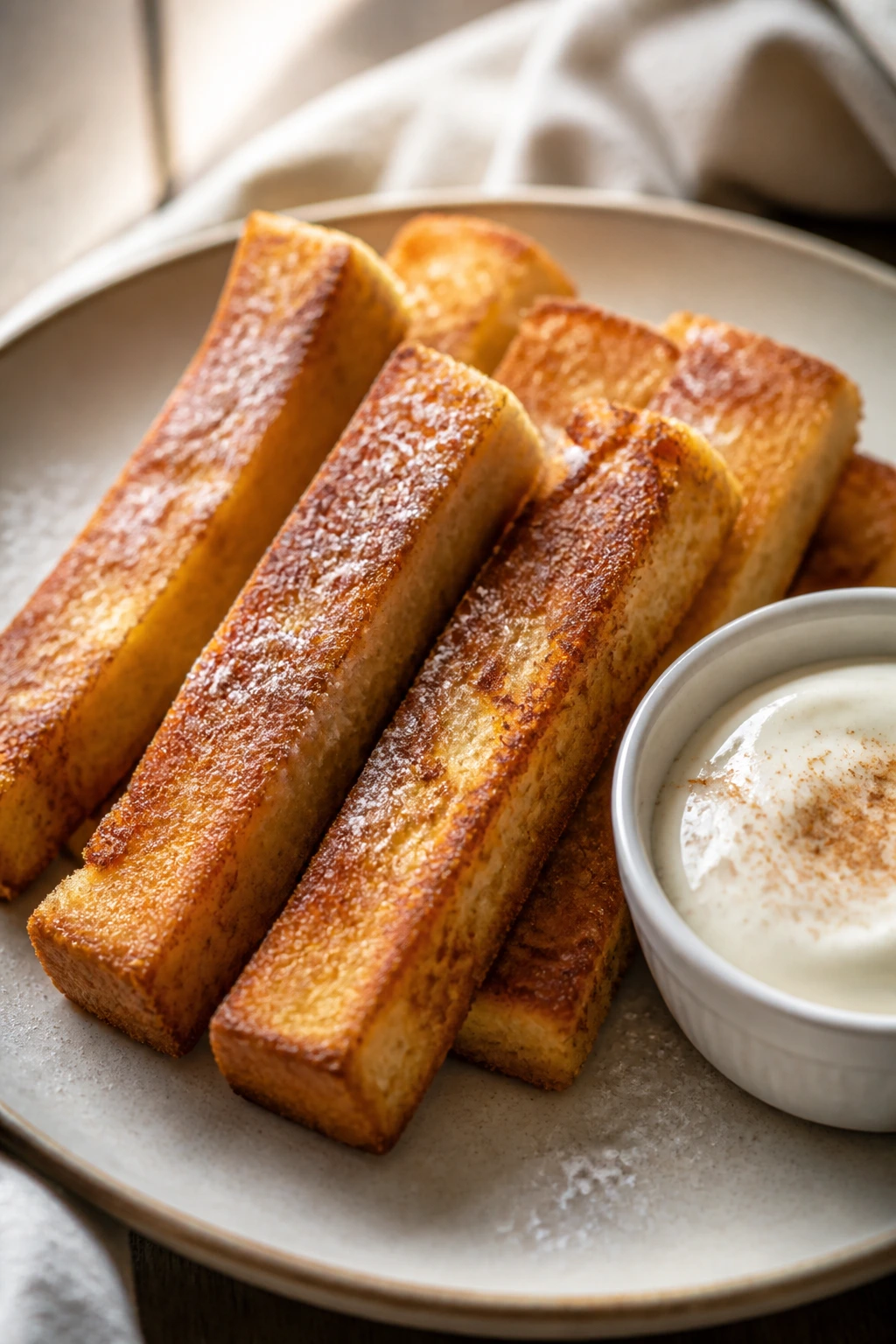 Close-up of French toast sticks with yogurt dip