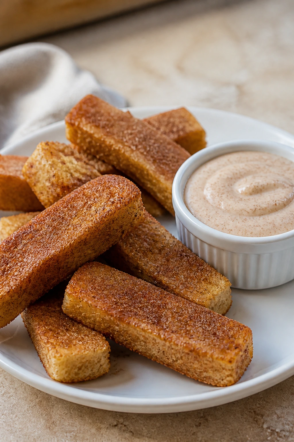 Close-up of French toast sticks with yogurt dip in a warm kitchen