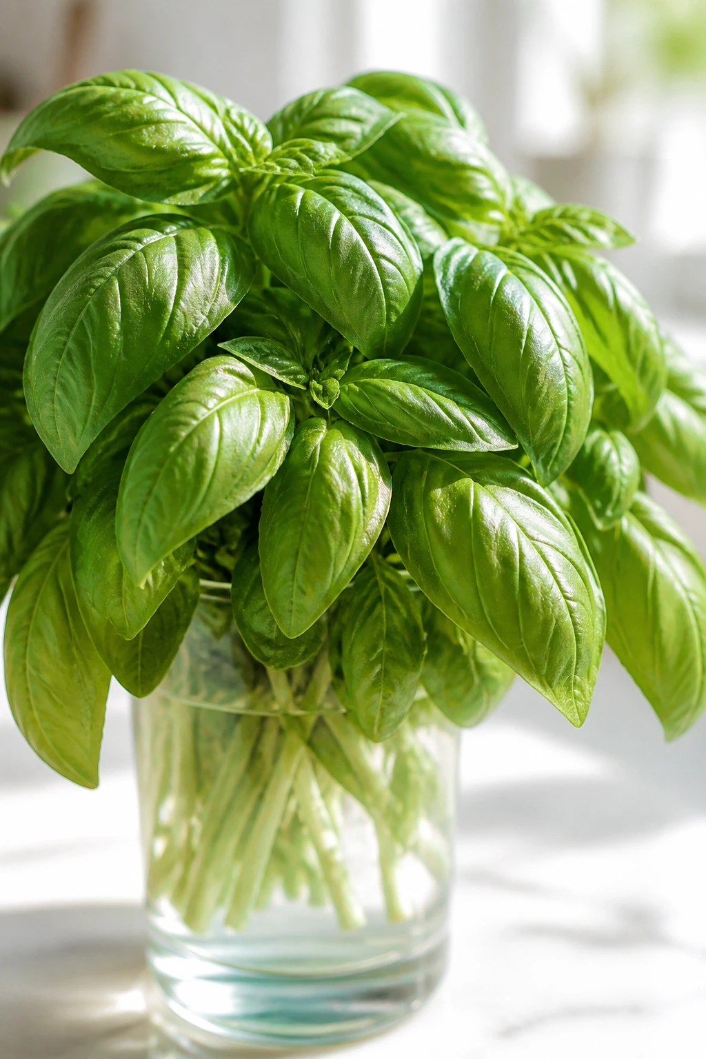 Fresh basil in water on kitchen counter