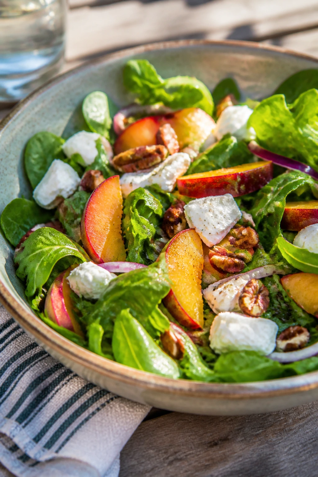 Bright fresh salad bowl on sunny outdoor table