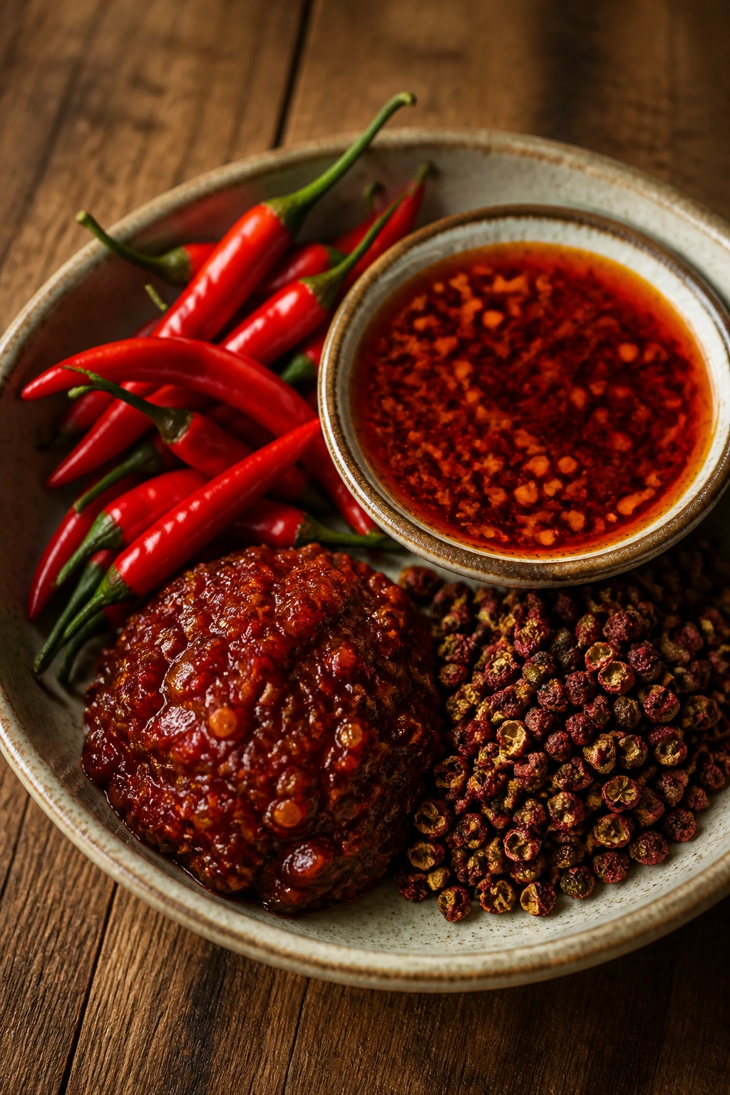 Close-up plate with fresh chilies, chili oil, chili paste, and Sichuan peppercorns.