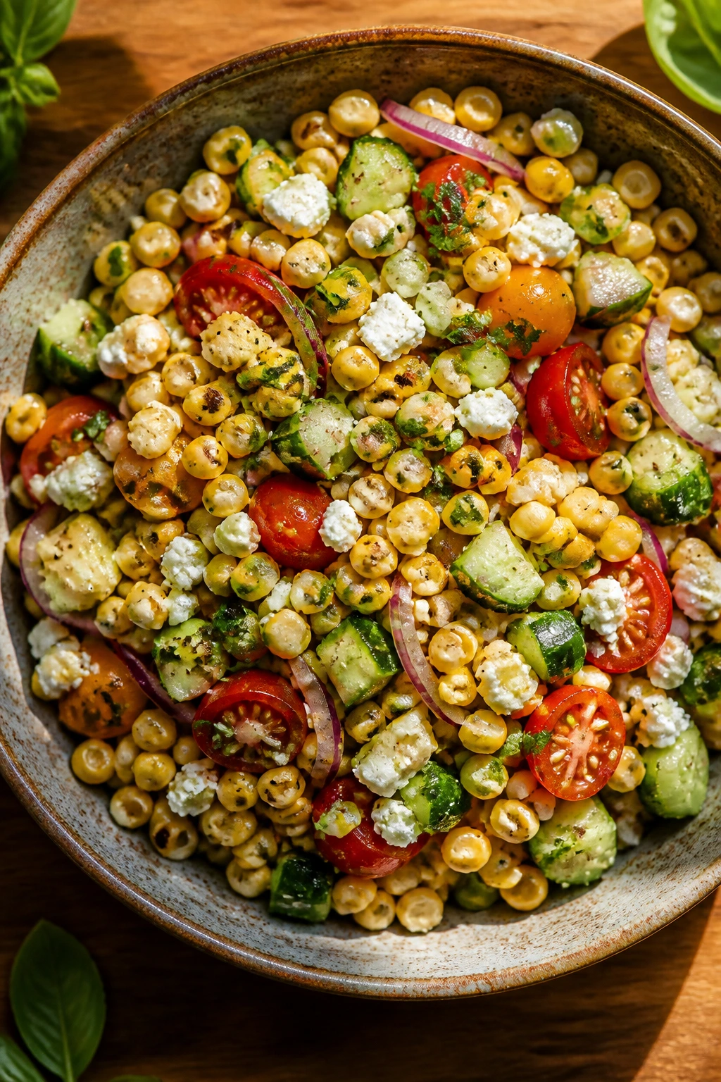 Close-up of fresh corn salad with corn, cucumber, tomatoes, onion, feta, herbs and lime dressing