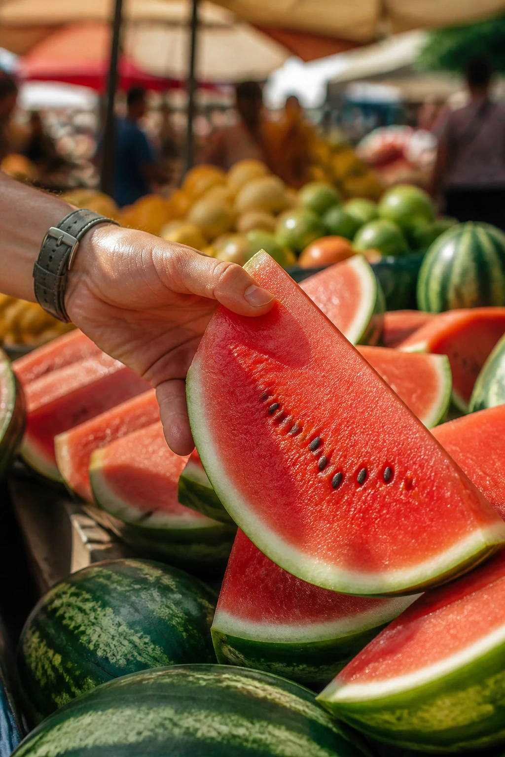 Hand selecting ripe fruit at an outdoor market with colorful produce.
