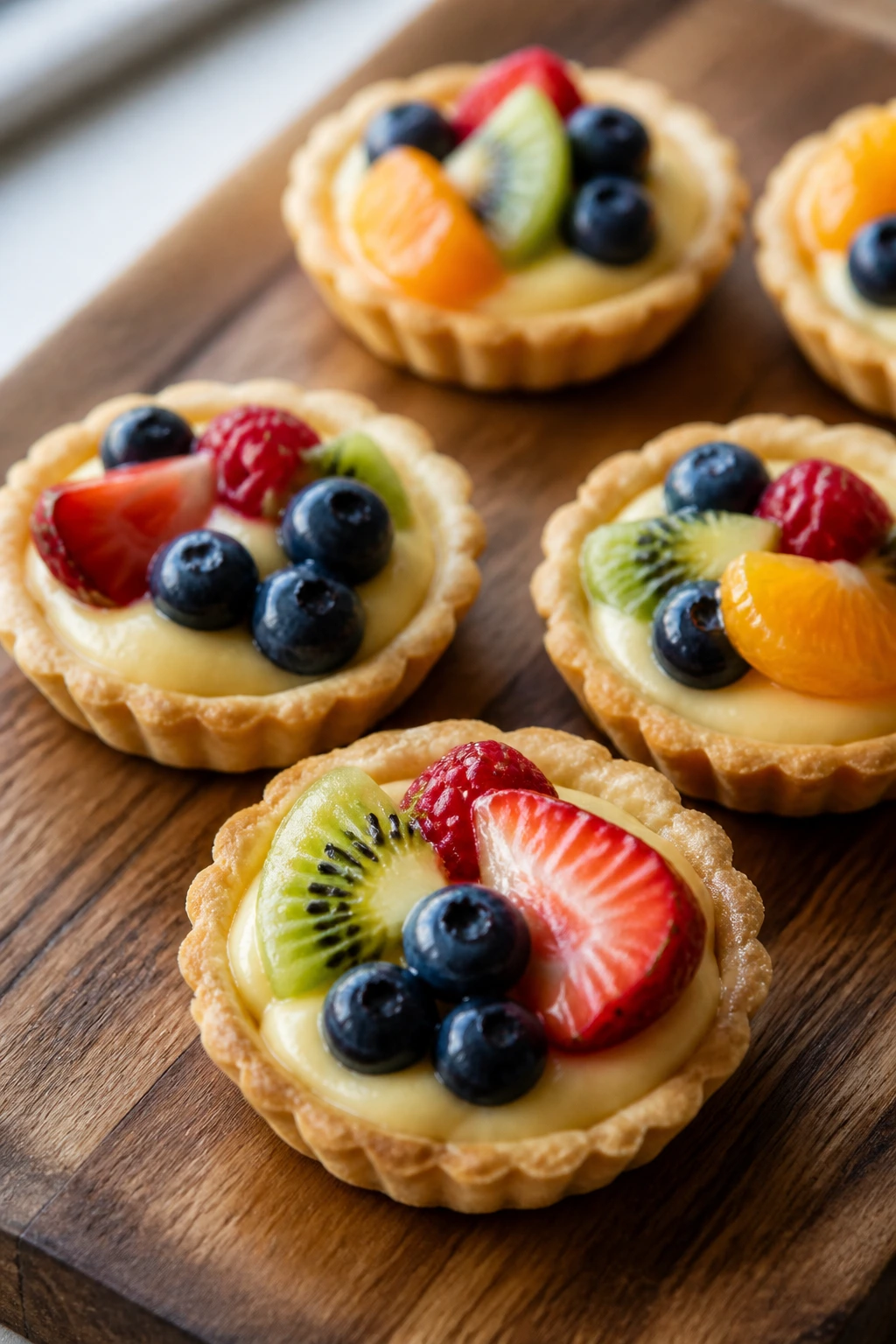 Mini fruit tartlets with custard and fresh fruit on a wooden board