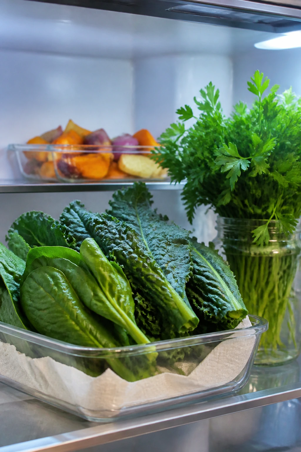 Close-up of leafy greens in a storage container and herbs in a water jar inside a fridge
