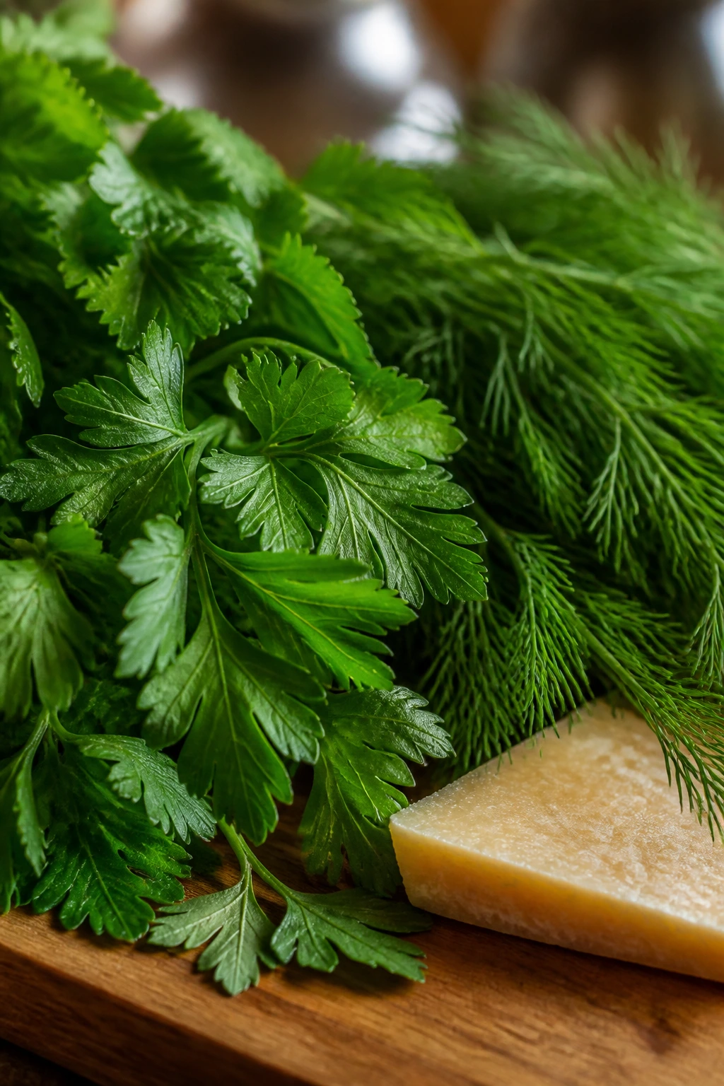Fresh herbs and parmesan rind on cutting board for flavor boosters