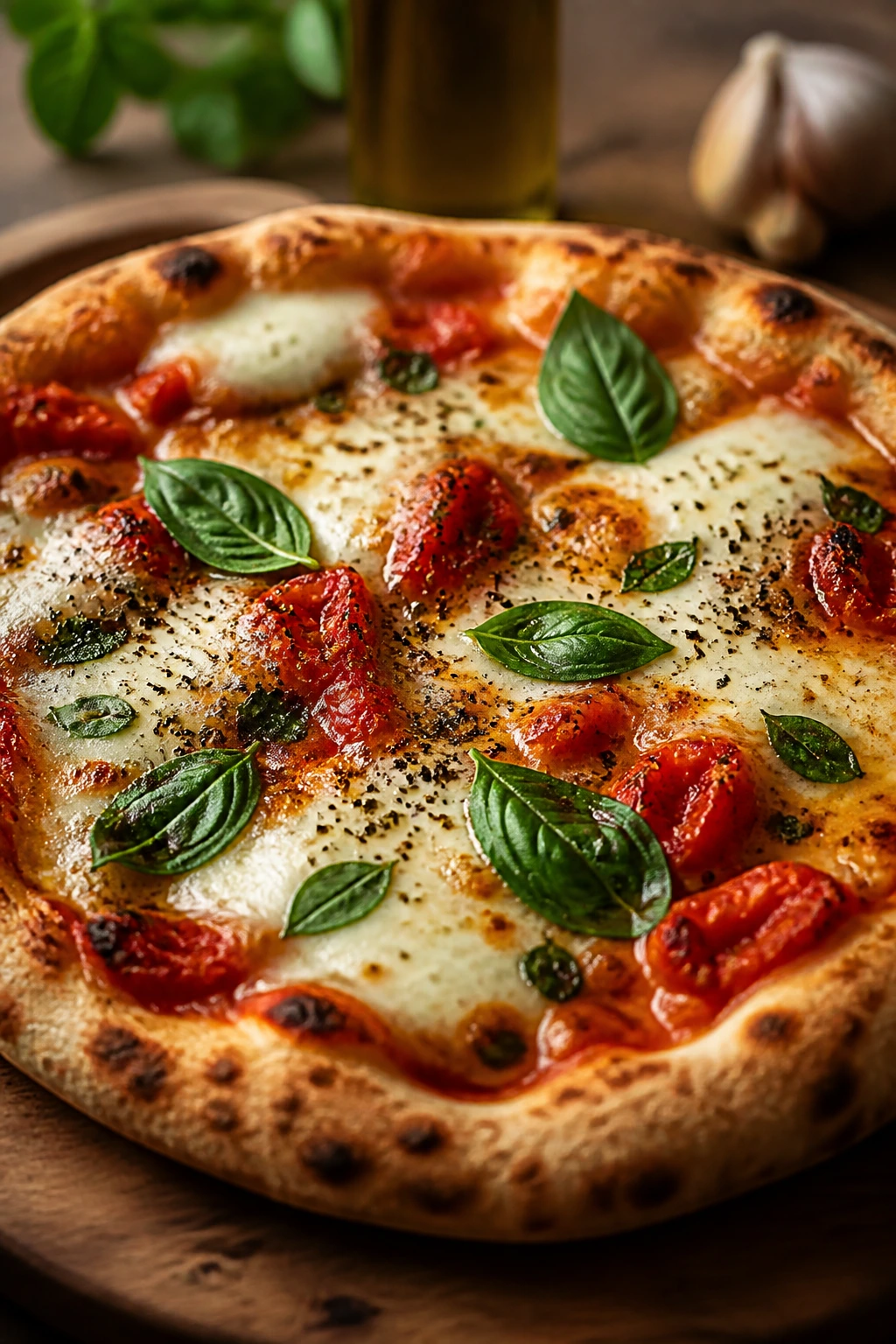 Close-up of a bubbling homemade pizza with basil on a wooden board