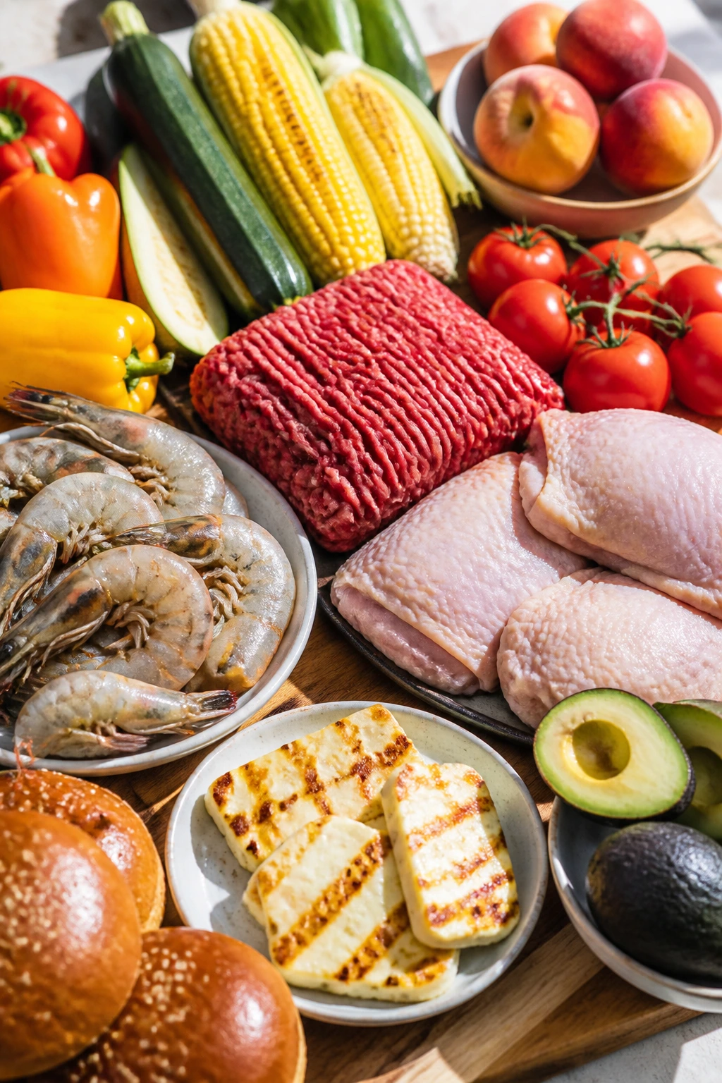 Fresh grilling ingredients arranged on a market board