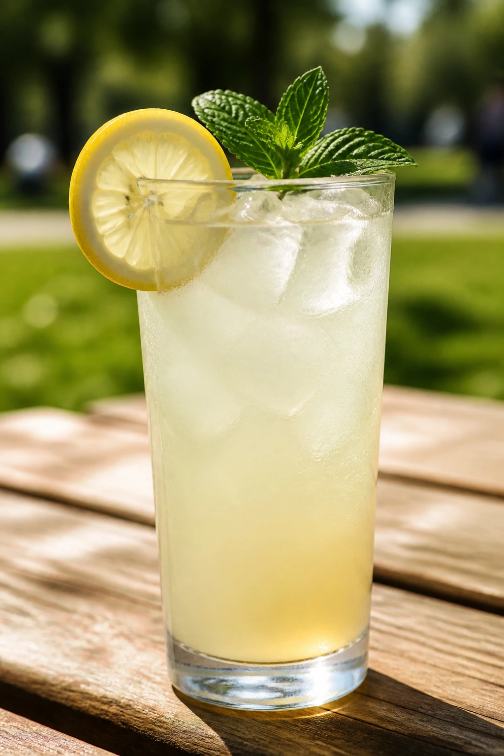 Tall glass of fresh lemonade on a picnic table