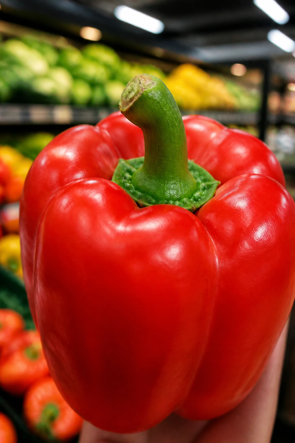 Close-up of a fresh red bell pepper in a grocery store