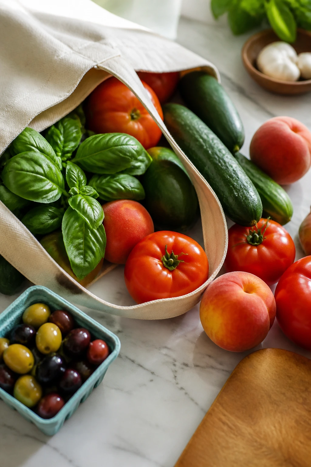 Top-down view of a tote bag spilling fresh produce on a kitchen counter