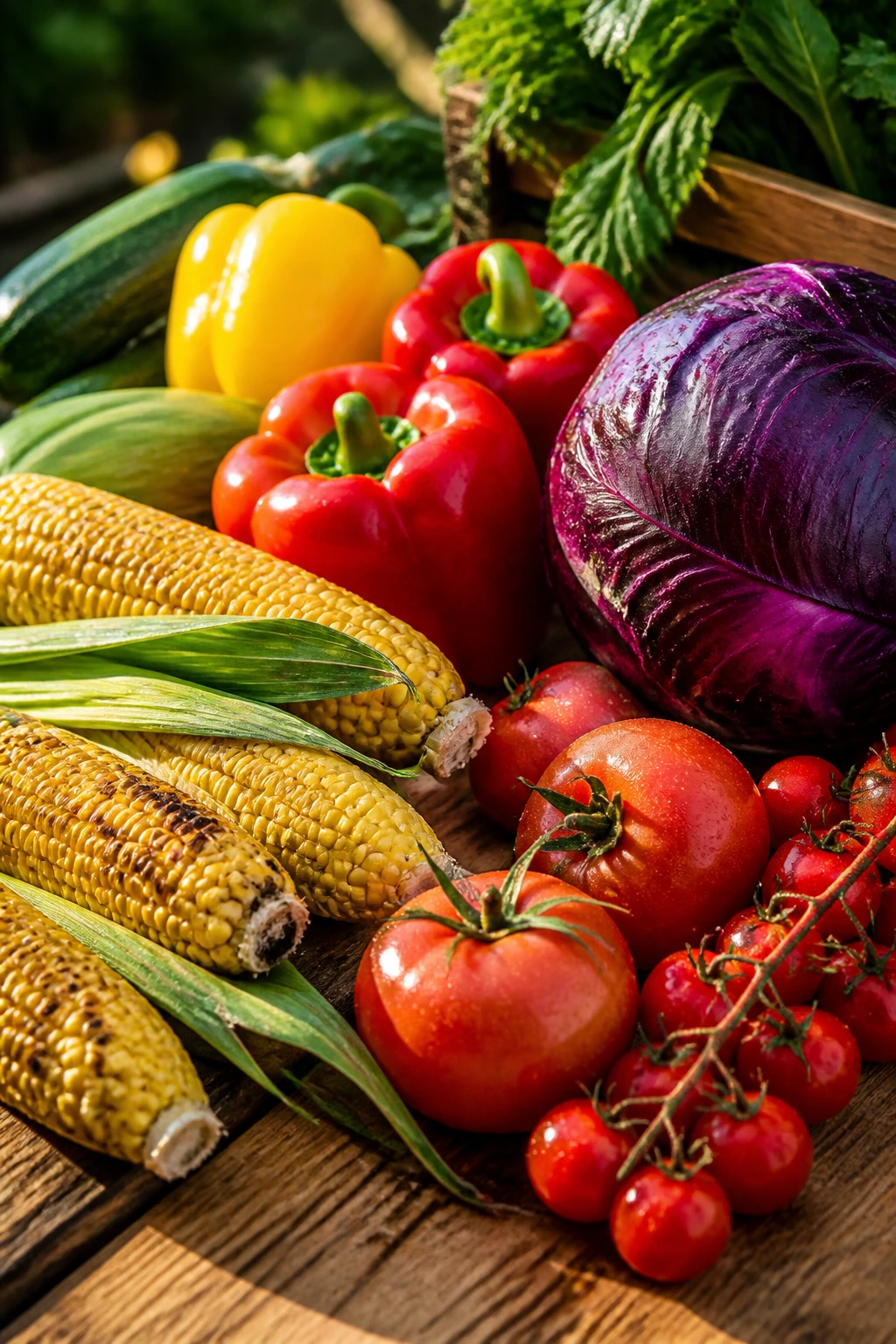 Colorful fresh produce arranged on a wooden table for smoky cooking