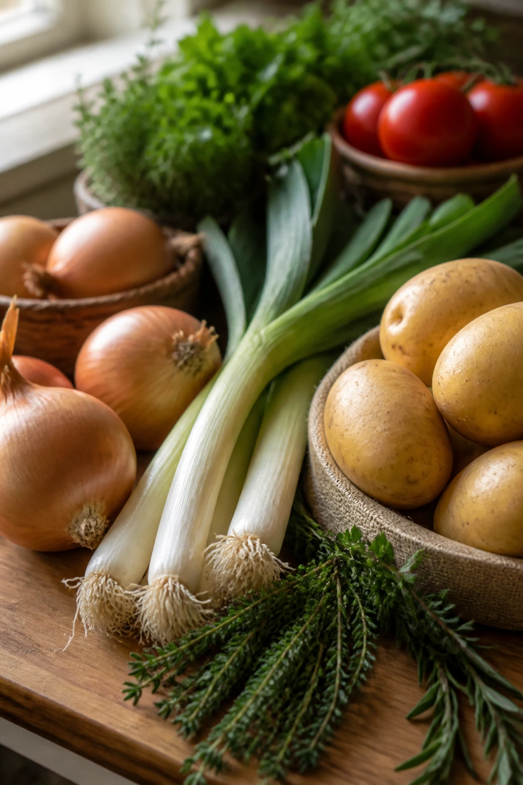 Fresh produce arranged on wooden counter for soup shopping tips