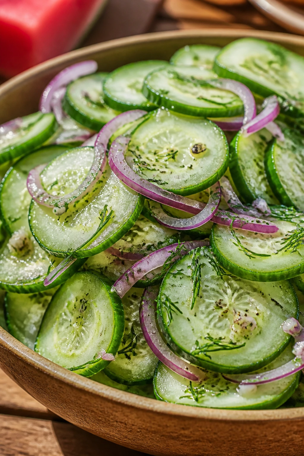 Close-up of crisp cucumber salad on a plate outdoors with fresh herbs.