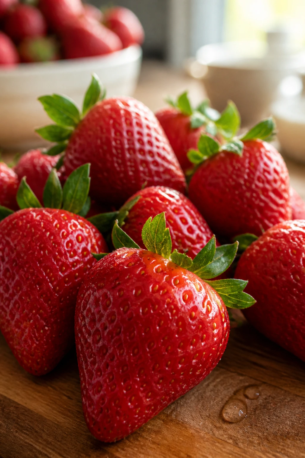Close-up of fresh strawberries on wooden counter with natural light