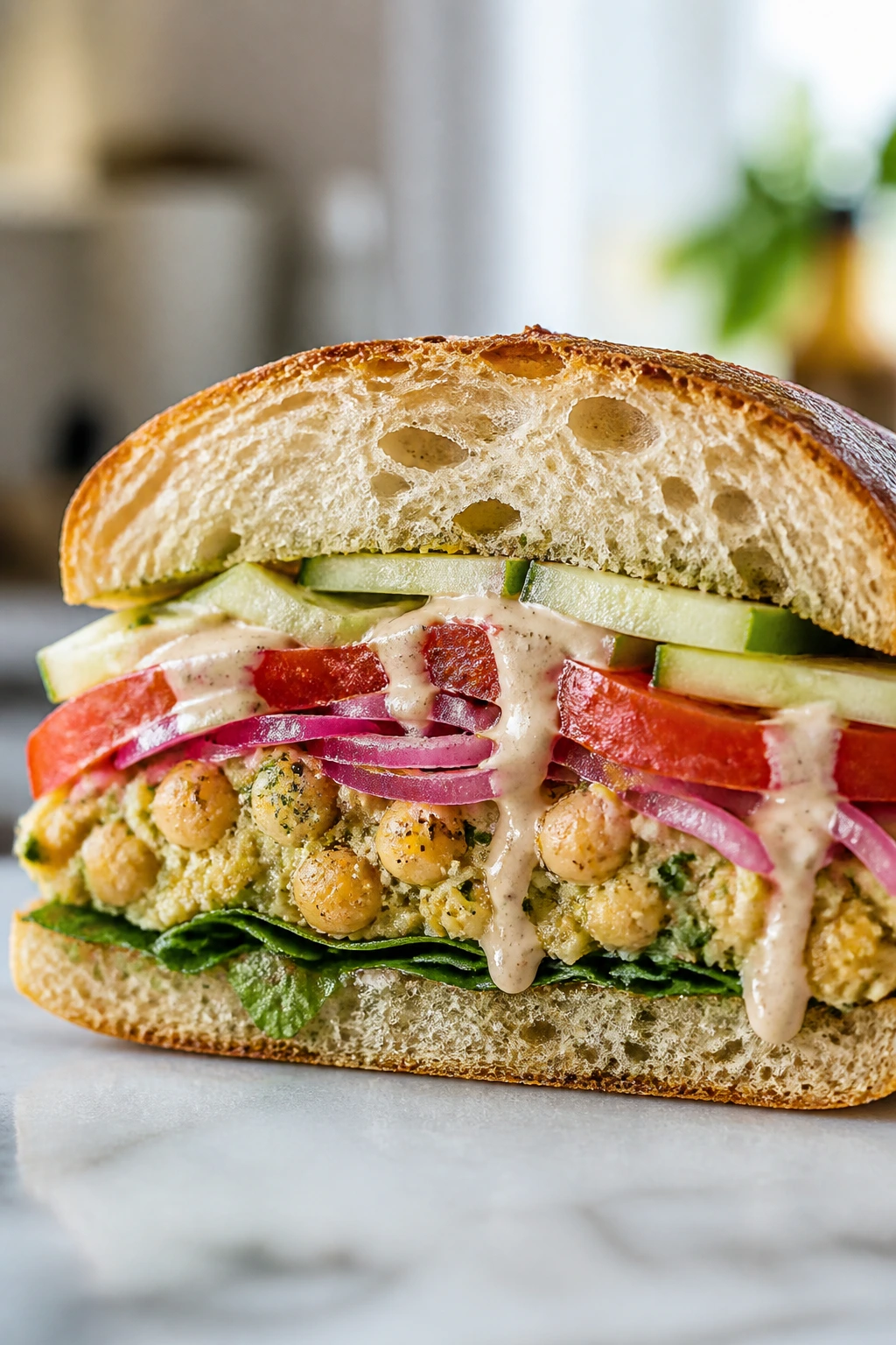 Cross-section of fresh vegan sandwich with cucumber, tomato and lemon drizzle