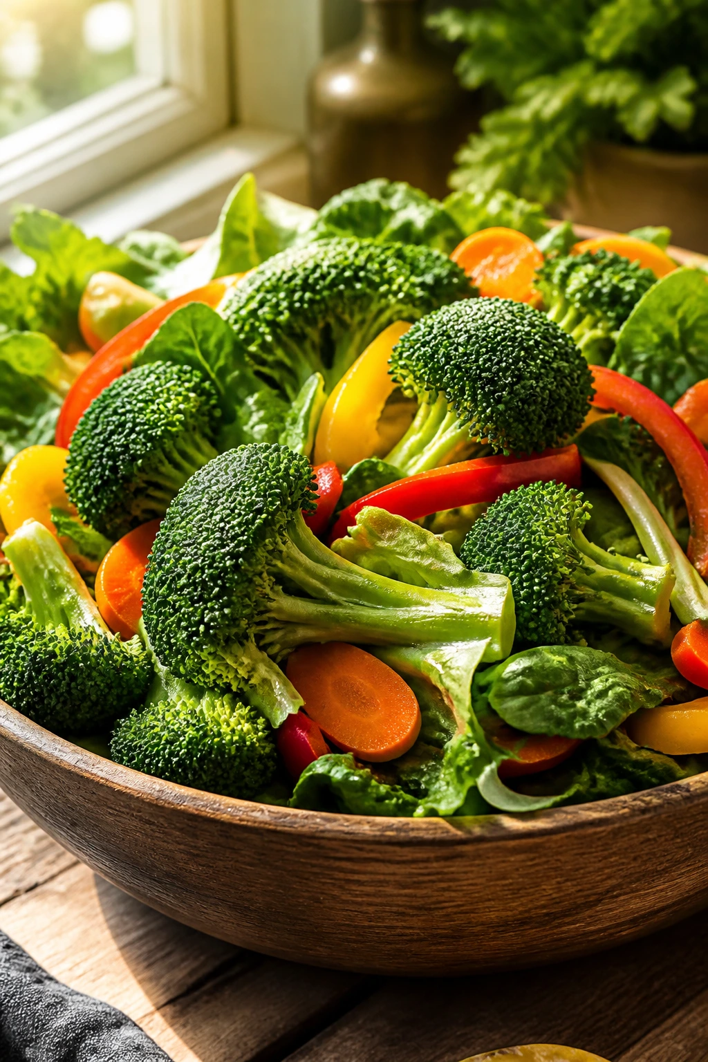 Close-up of fresh vegetables in a rustic bowl on a sunlit kitchen counter