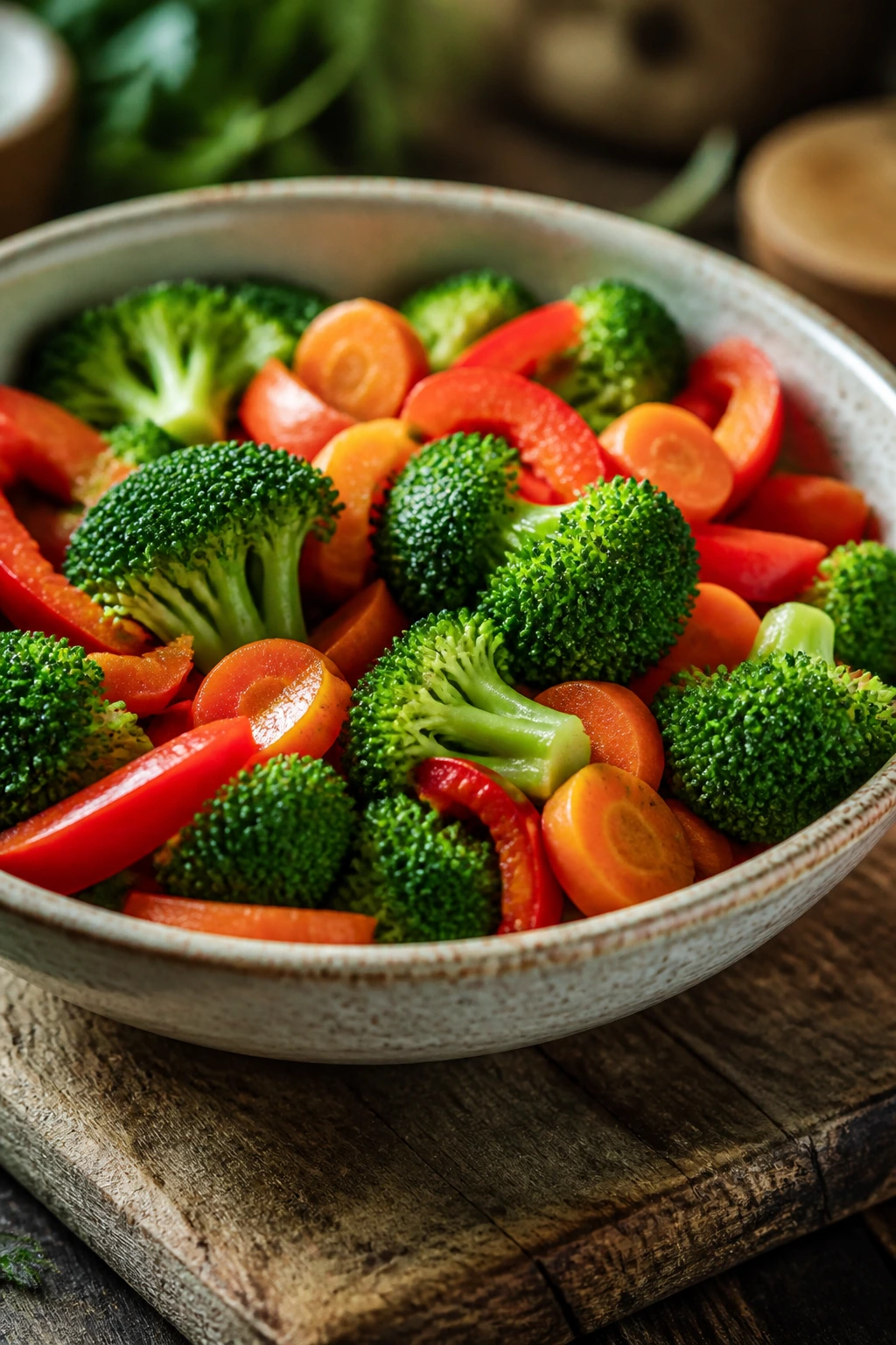 Close-up of fresh vegetables in a bowl on a wooden board