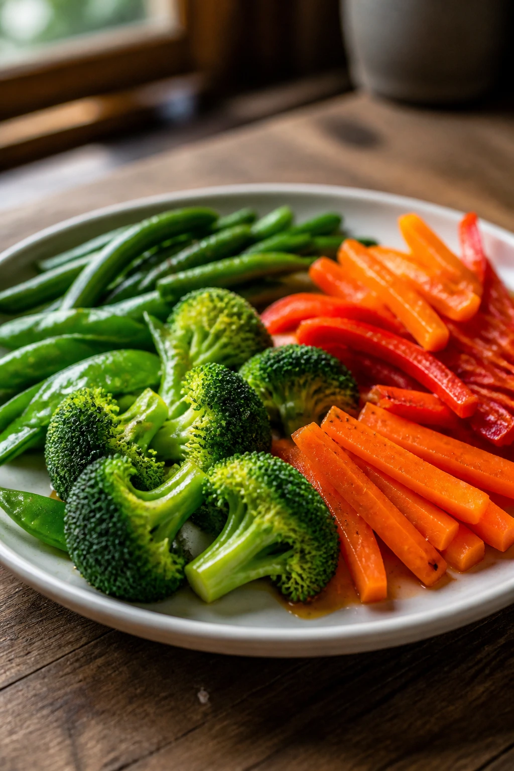 Vibrant mixed vegetables on a dinner plate filling the frame