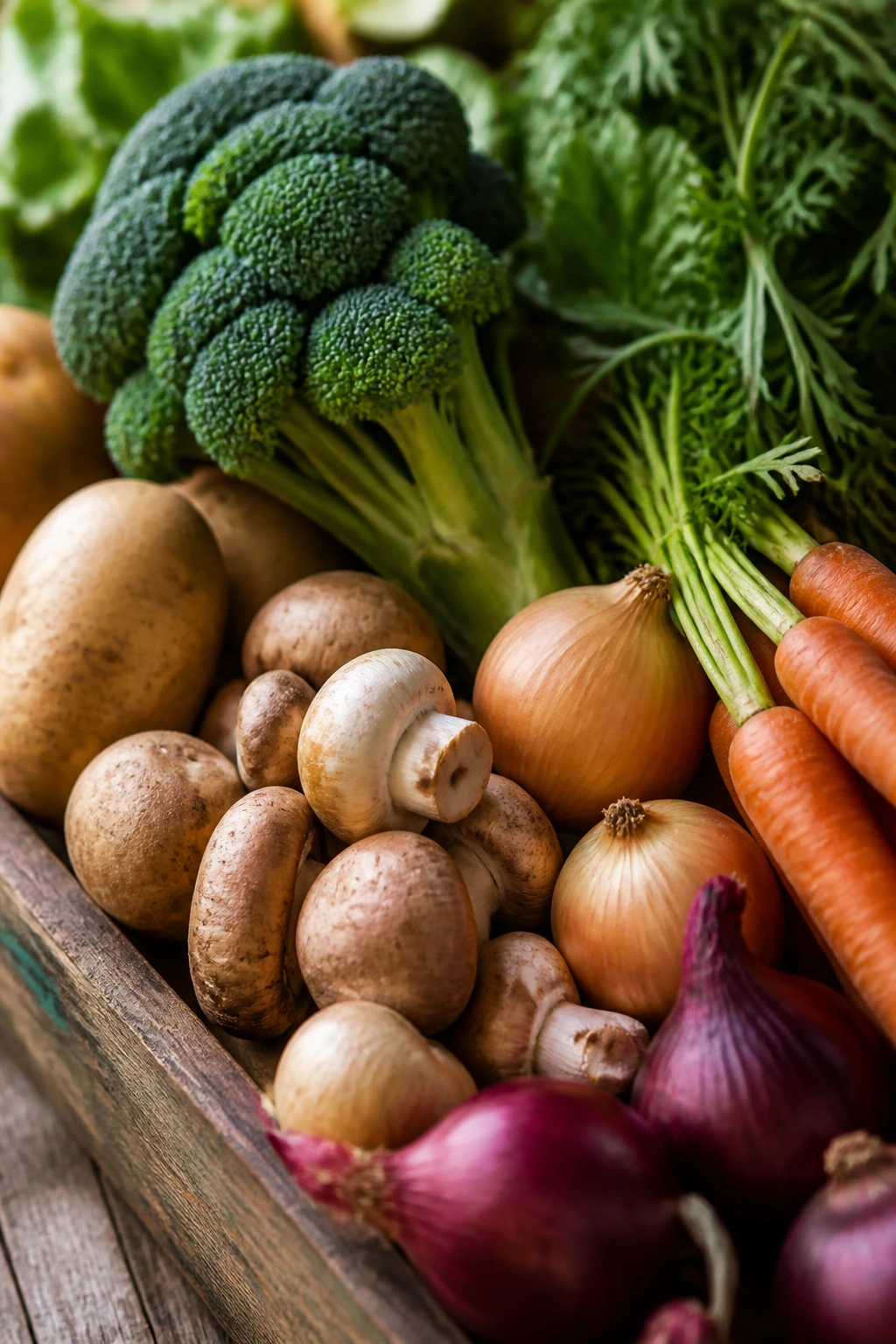 Fresh vegetables arranged for smart shopping: broccoli, mushrooms, onions, carrots, potatoes