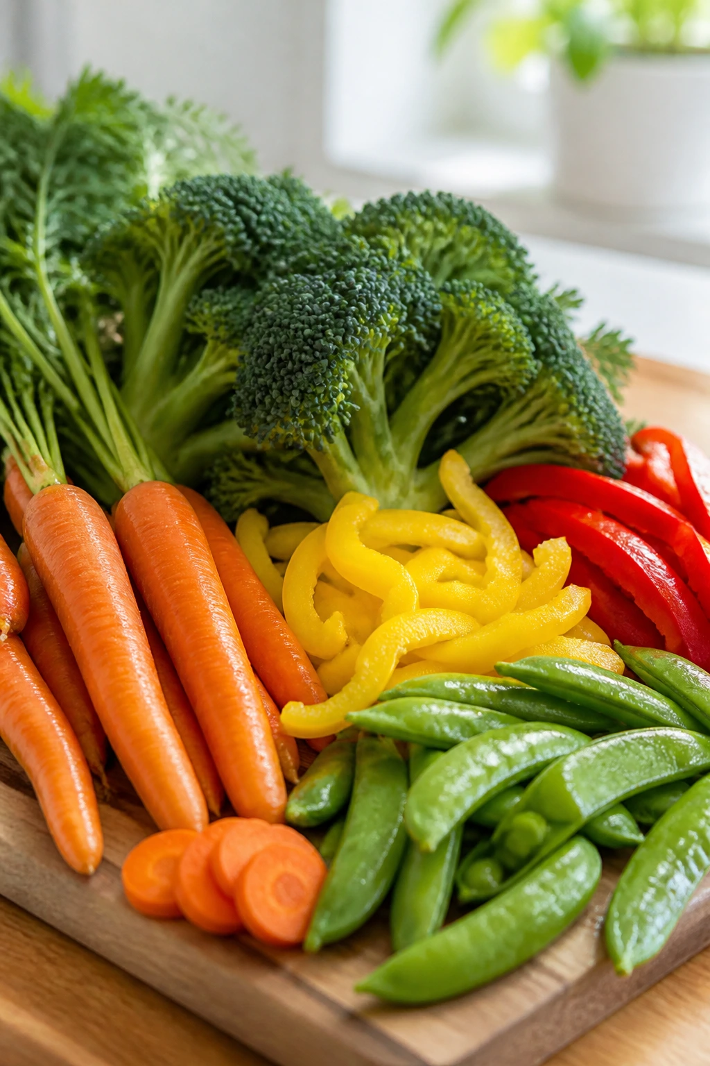 Fresh vegetables on cutting board ready to prep.
