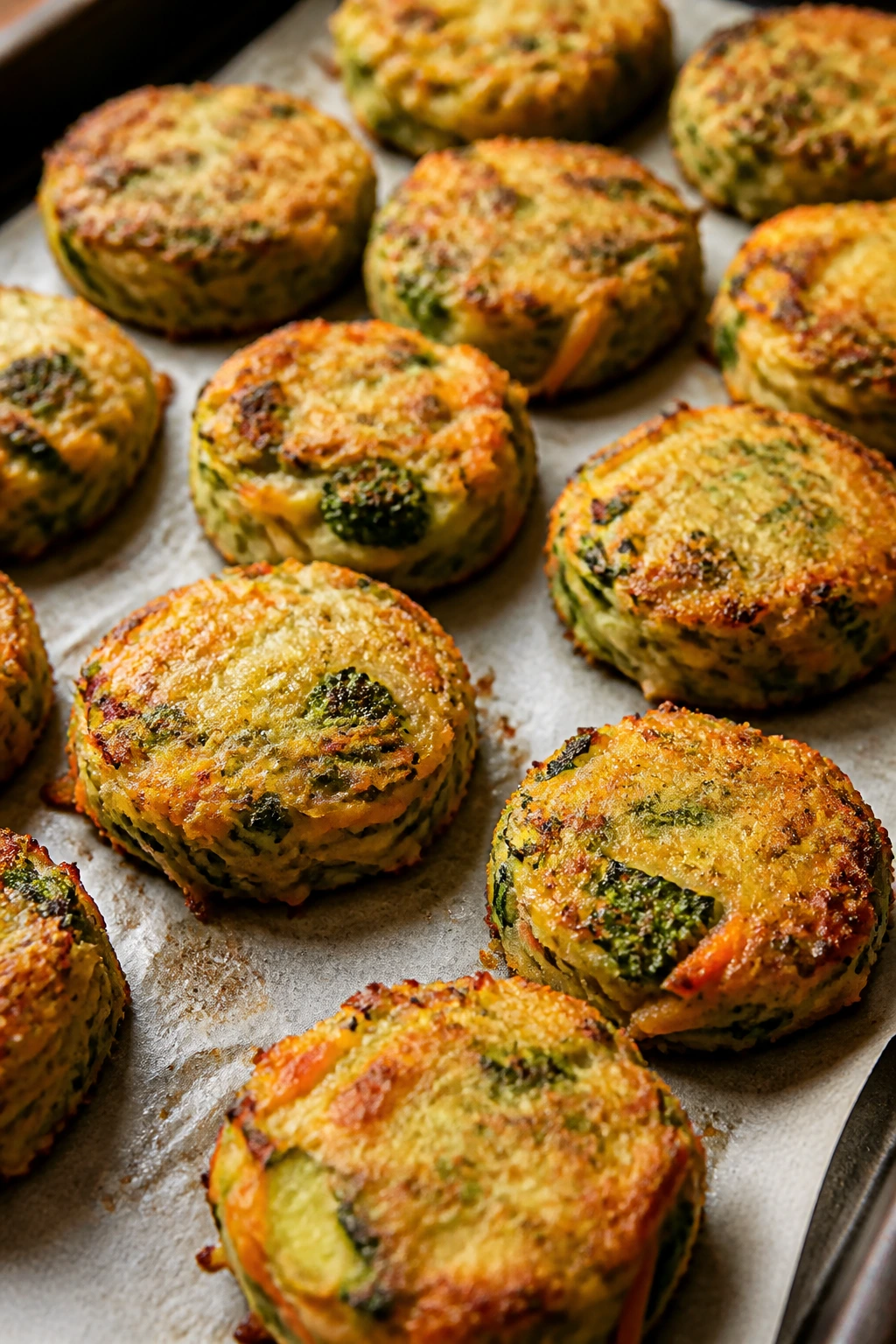 Close-up of golden-brown veggie bites on parchment in a warm kitchen