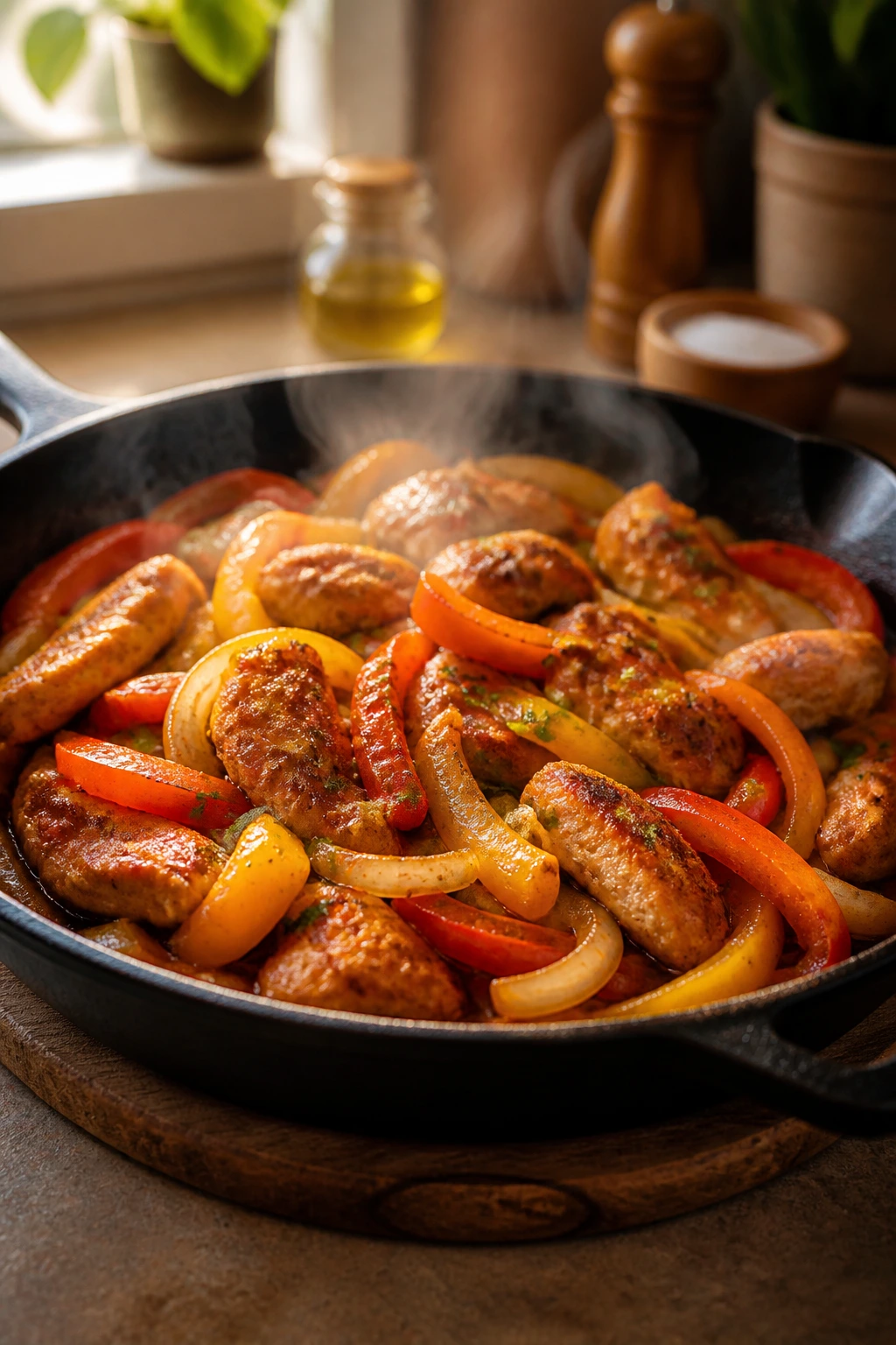 Close-up of a colorful one-skillet dinner on a kitchen counter
