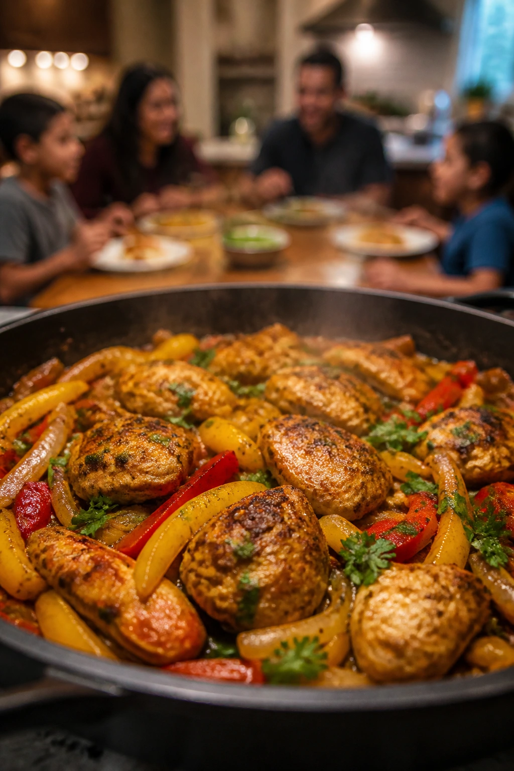 Close-up of a comforting one-pan Friday night dinner filling the frame