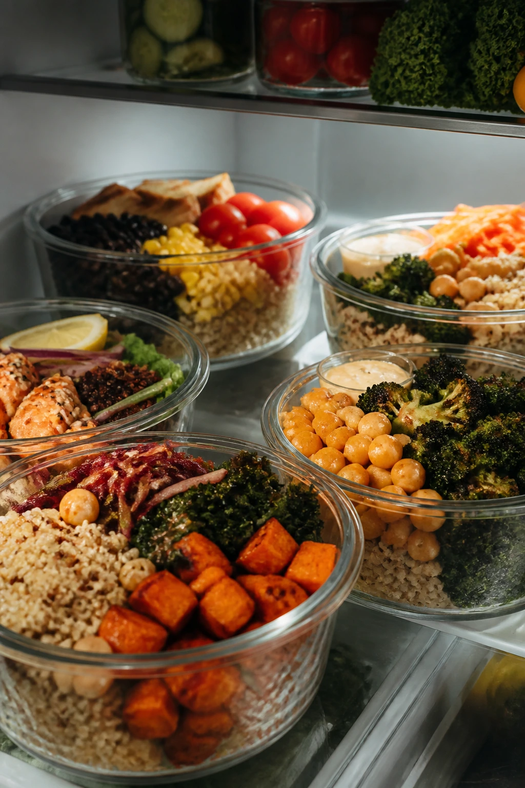 Close-up of fridge-ready bowls with grains and vegetables