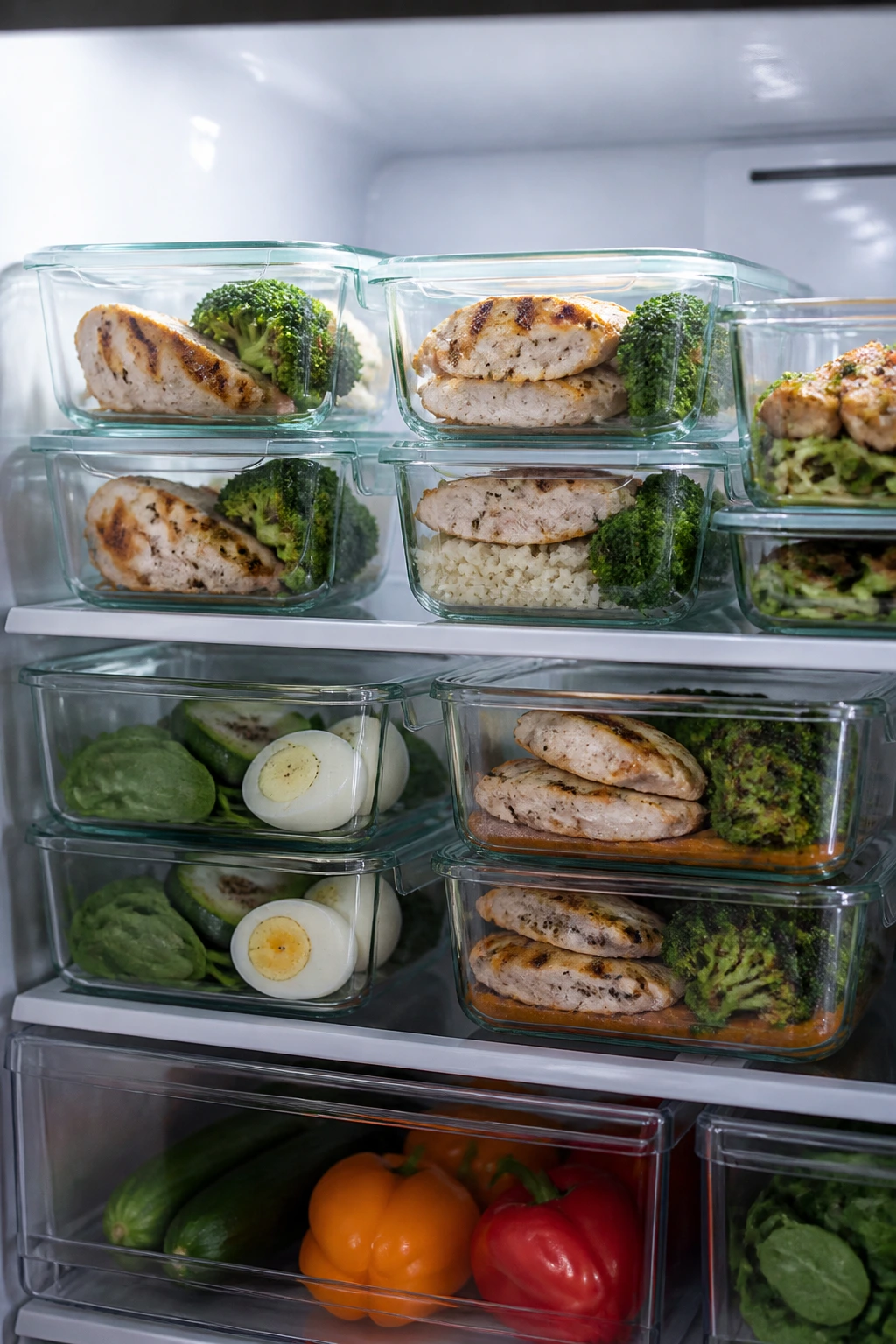 Open fridge with glass containers showing lean keto meals