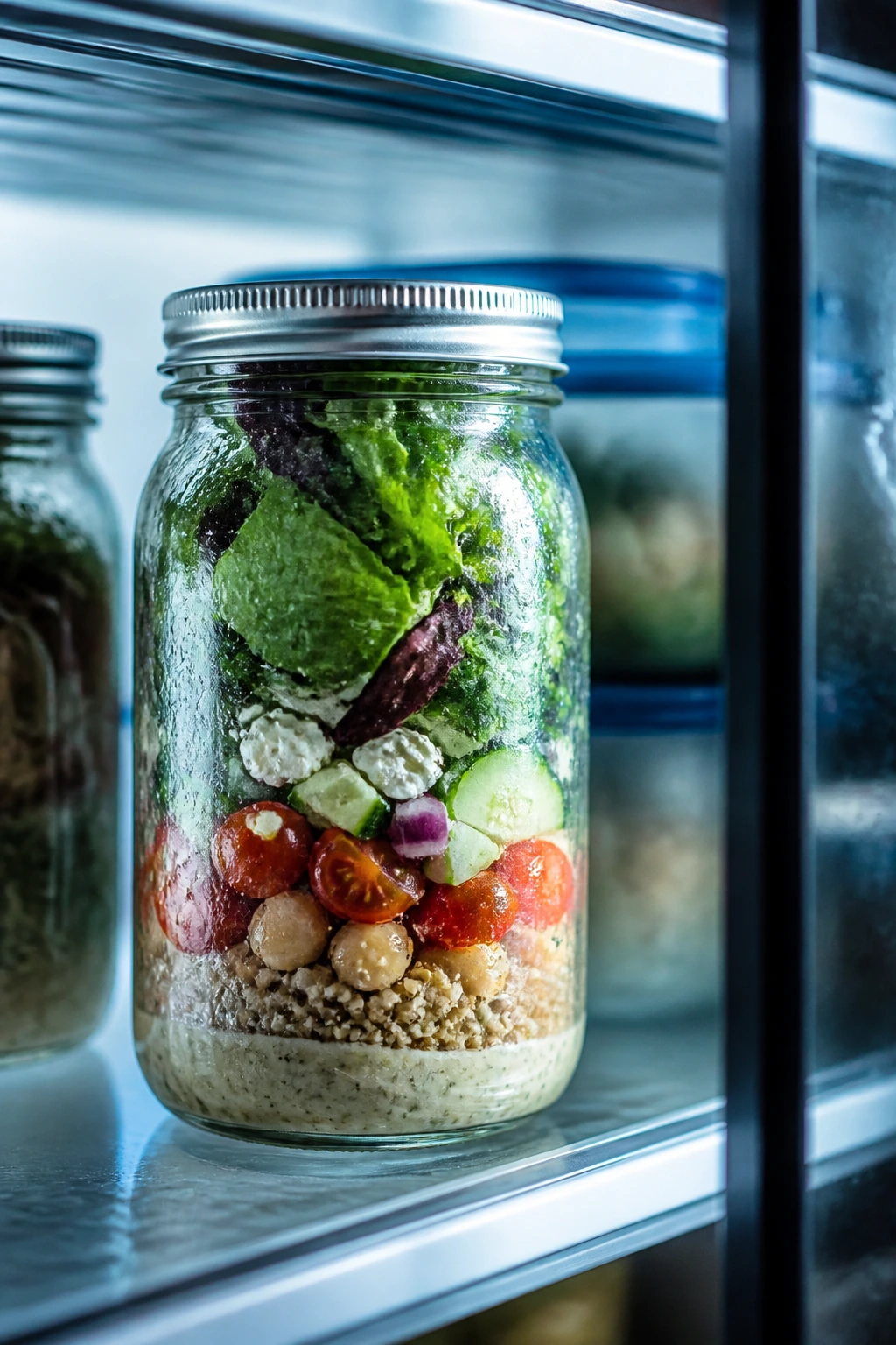 Mason jar salad inside fridge with crisp greens and layered ingredients