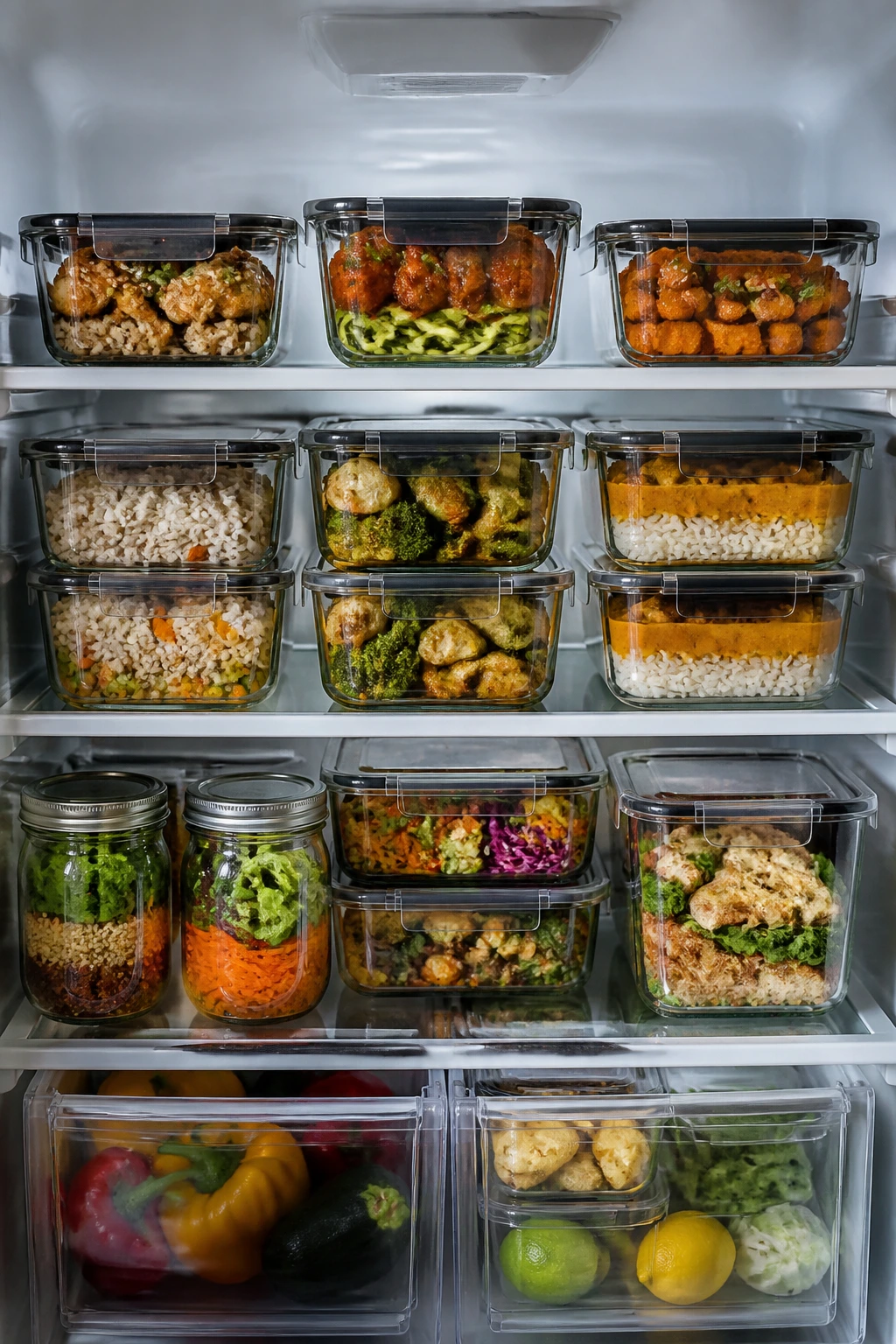 Open fridge displaying glass meal-prep containers filled with varied leftovers.