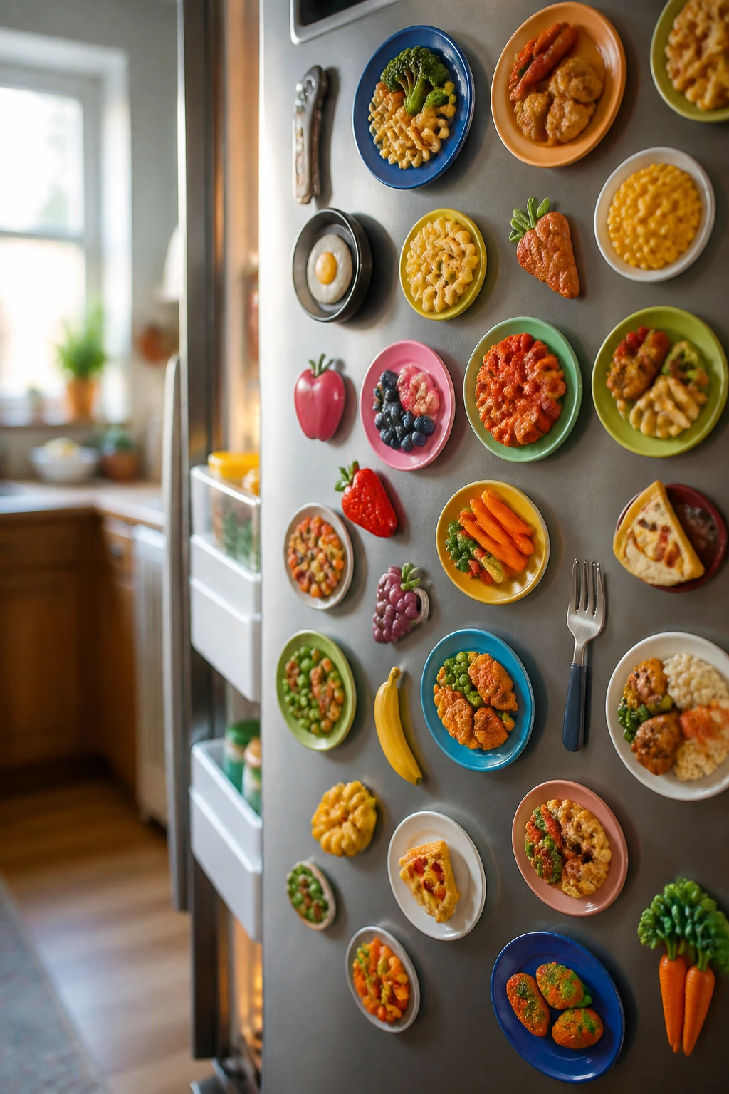 Close-up of a fridge door covered with colorful magnets representing dinner ideas (no text).