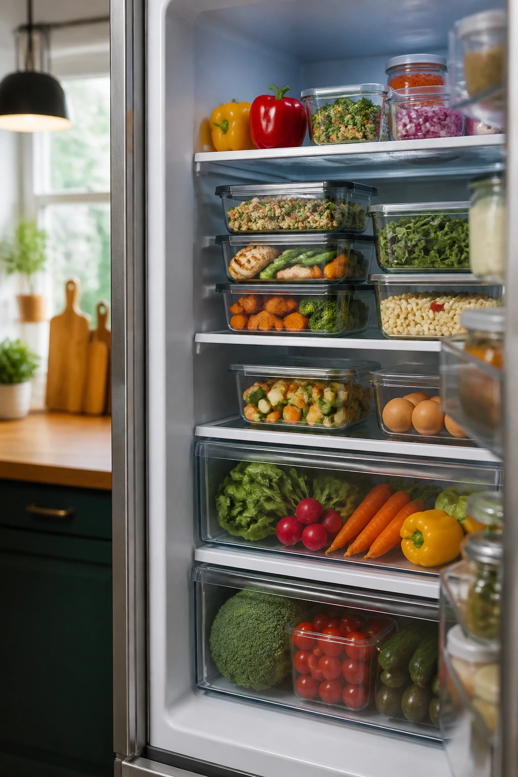 Close-up of a modern fridge interior filled with organized meal-prep containers in a kitchen
