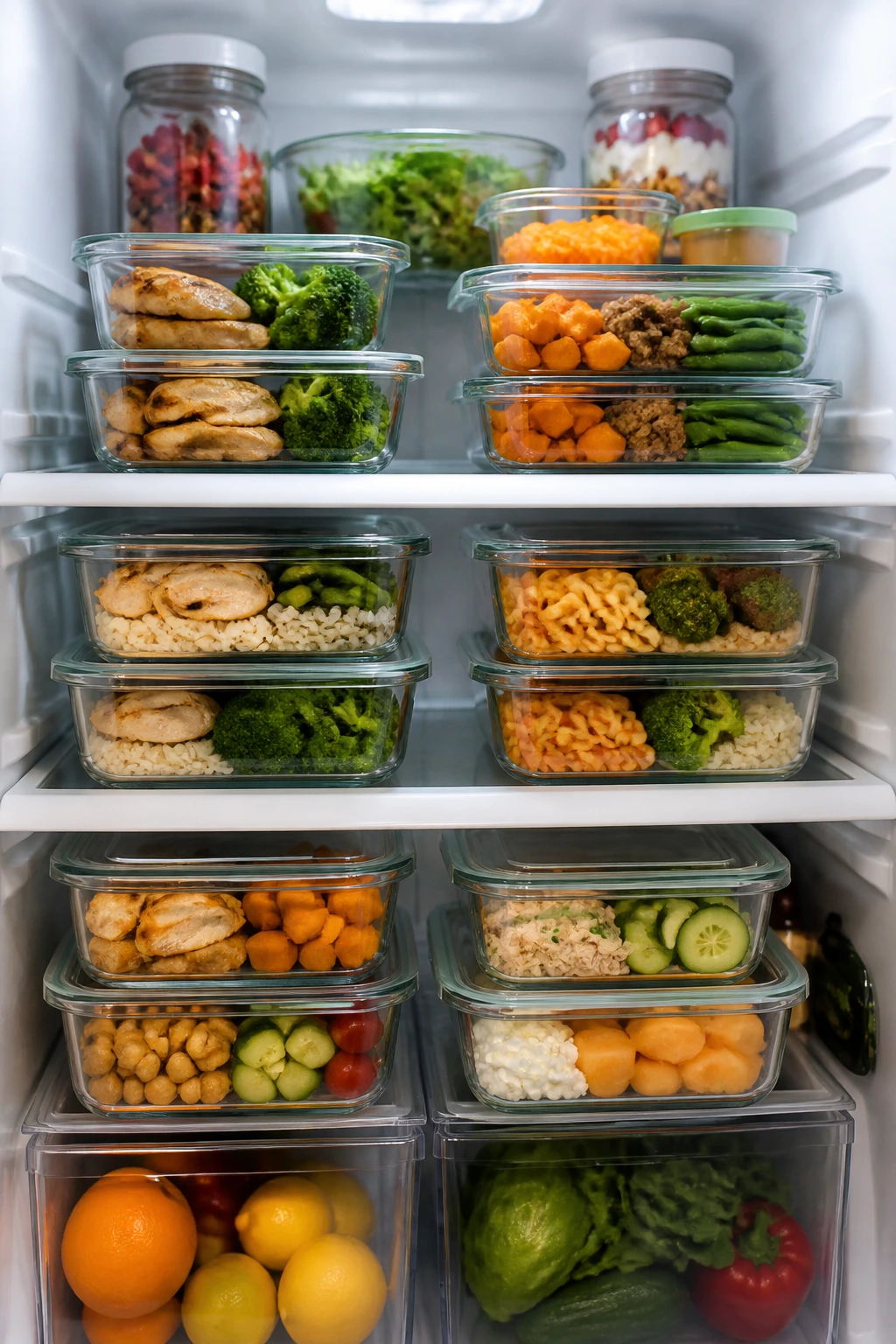 Open fridge interior filled with colorful meal-prep containers, showcasing practical, protein-rich meals ready to eat